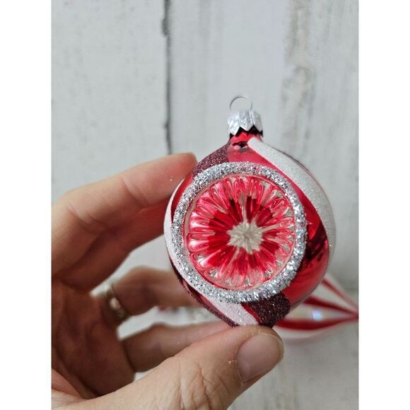 Striped reflector red ornament teardrop ball set lot Xmas tree large - Picture 2 of 13